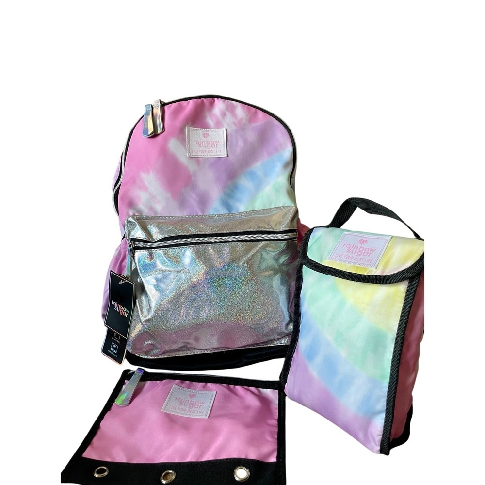 Rainbow Sugar 3pc Backpack Set Tie Dye Silver Holographic Lunch‎ Bag Pencil Case